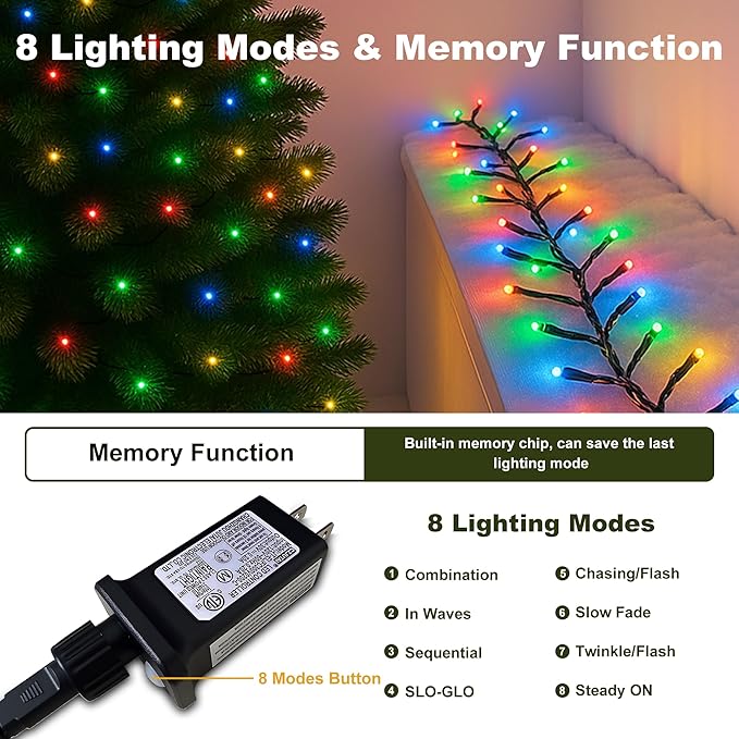 [2Pack]Connectable Christmas String Lights Multicolored, 210FT 600LED Christmas Lights for Outside/Indoor, Plug In Christmas Tree Lights with 8 Modes, TwinkleString Lights for Holiday Party