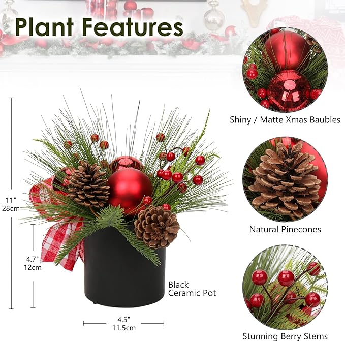 Briful 10 Inch Mini Christmas Tree Artificial Potted with Pinecones Berries and Red Xmas Ball Ribbon Christmas Arrangements Centerpieces Ornaments in 4.7'' Black Ceramic Pot for Home Indoor Table