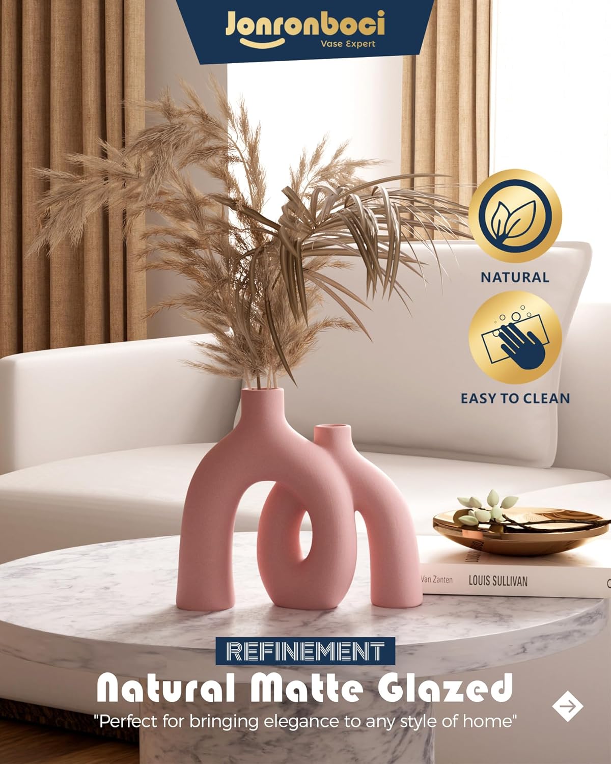 Hug Donut Decorative Vase Set - Light Pink Modern Glam Eclectic Style Vases Home Decor, Matte Ceramic Decorations for Living Room Shelf, Bookshelf Mantle Entryway Table or Console Décor(Pink)