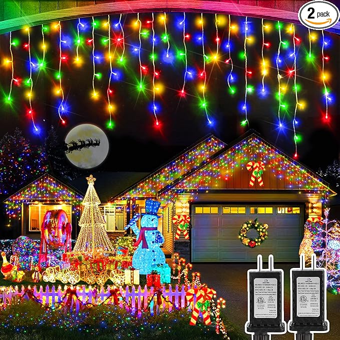 Christmas Lights Outdoor, 2 Pack Total 98FT 960 LED Ice Lights for Outside with 180 Drops 8 Modes Timer Memory, Plug in Waterproof for Holiday Eaves Yard Roof Party Christmas Decor (Multicolor)