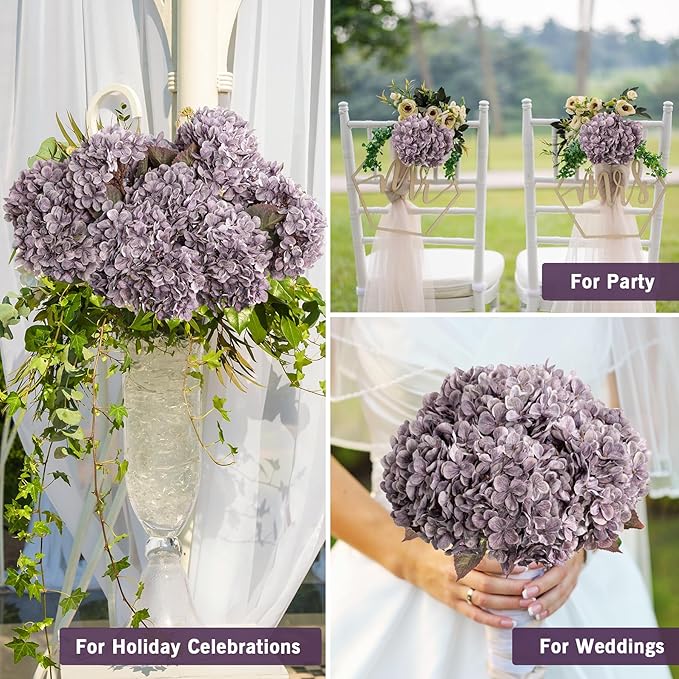 Artificial Flower Fake Silk Hydrangea Heads Bouquet With Stems Bulk for Fall Decoration Table Center Christmas Indoor Outdoor Faux Decorations Floral Realistic With Leaves Plants Craft(Grayish Purple)