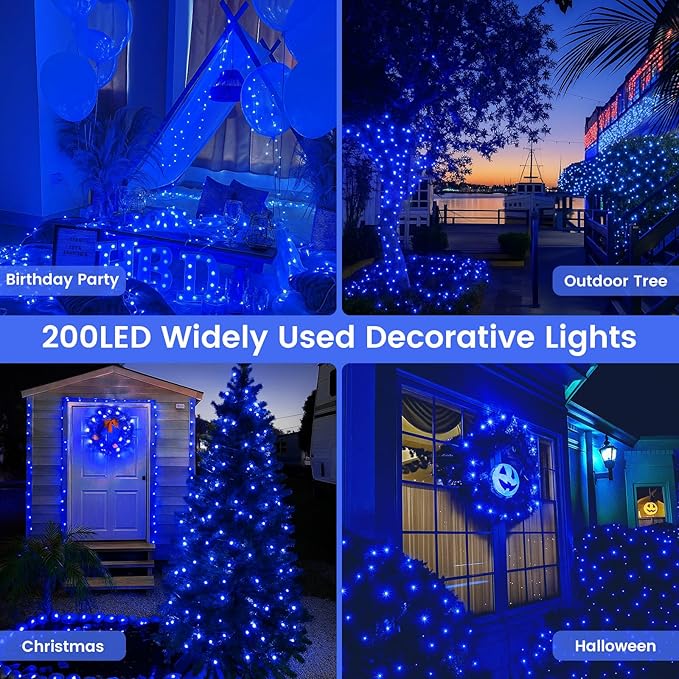 Upgraded Connectable 200 LED String Lights Indoor Outdoor, 66FT Blue Christmas Lights Waterproof, 13 Modes Twinkle Fairy Lights Plug in Clear Wire for Christmas Tree, Bedroom, Classroom, Wedding Decor