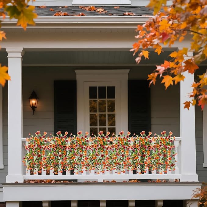 Artificial Faux Mums Fall Hanging Flowers for Outdoor Decoration,2 Pack Fake Silk Plants Daisy Realistic UV Resistant Summer Decor for Home Indoor Porch Patio Balcony Yard Autumn Decor (Brown Orange)