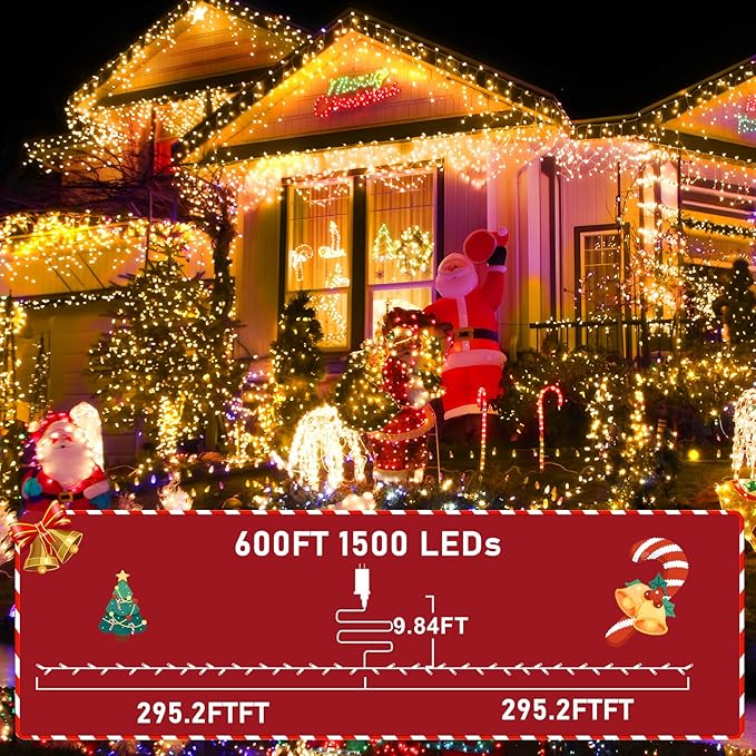 KNONEW 600ft 1500 LED Christmas String Lights Outdoor Green Wire 8 Modes & Timer Fairy Light Plug in Waterproof Patio Lights for Xmas Yard Tree Wedding Party Holiday Decorations (Warm White)