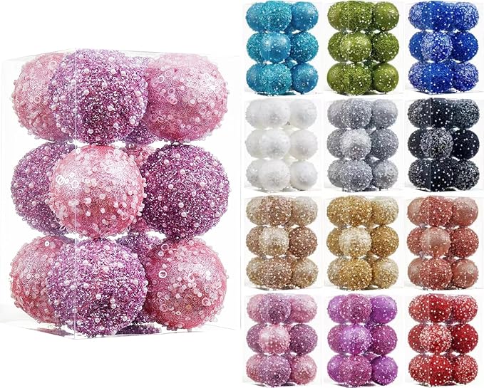12CT Christmas Ball Ornaments, Pink Christmas Ball Decorations Shatterproof Plastic Hanging Pearl Balls for Holiday Party(70mm/2.76")