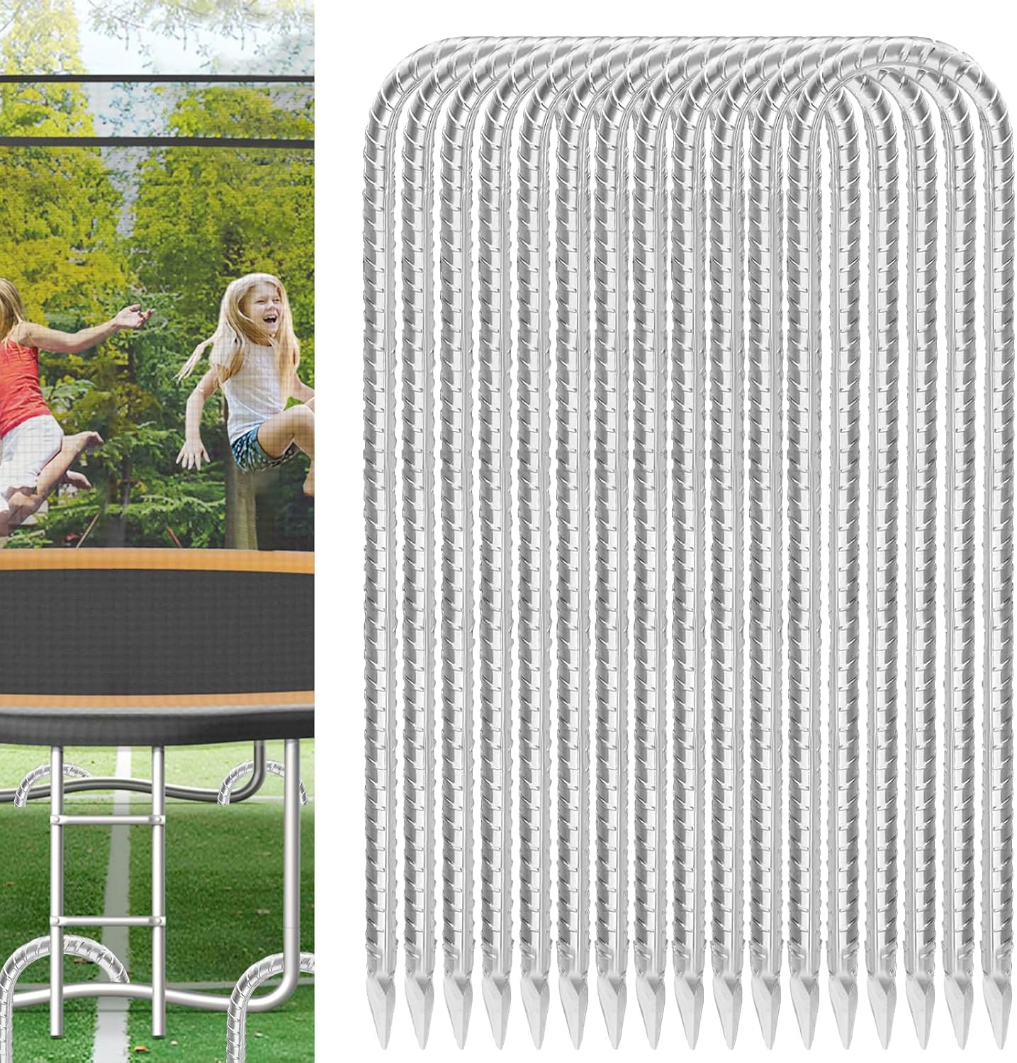 Trampoline Stakes Anchors High Wind 16inx10mm Galvanized U Hook 12pcs Rebar Stakes – Heavy Duty Ground Anchors for Trampoline,Yard & Inflatable,Landscape Metal Stakes for Outdoor Decorations
