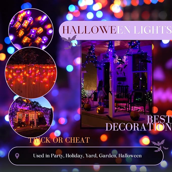Connectable Purple and Orange Halloween Lights, 2Pack 164ft 400LED 13 Modes Waterproof String Lights Plug in, Twinkle Light with Timer Indoor/Outdoor for Tree Party Halloween Decorations