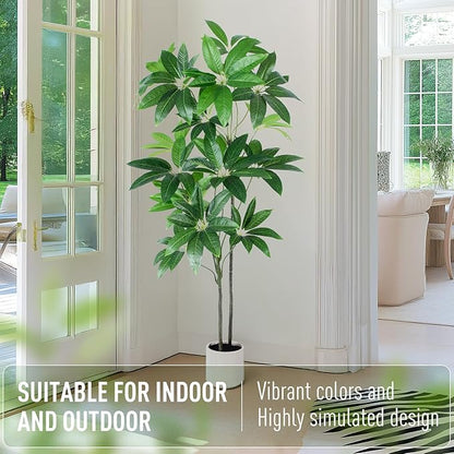 Artificial Fortune Tree - 5 FT Fake Tree with White Planter - Large Faux Plants Indoor Outdoor - Artificial Plants Indoor pots for Home Office Living Room Decor