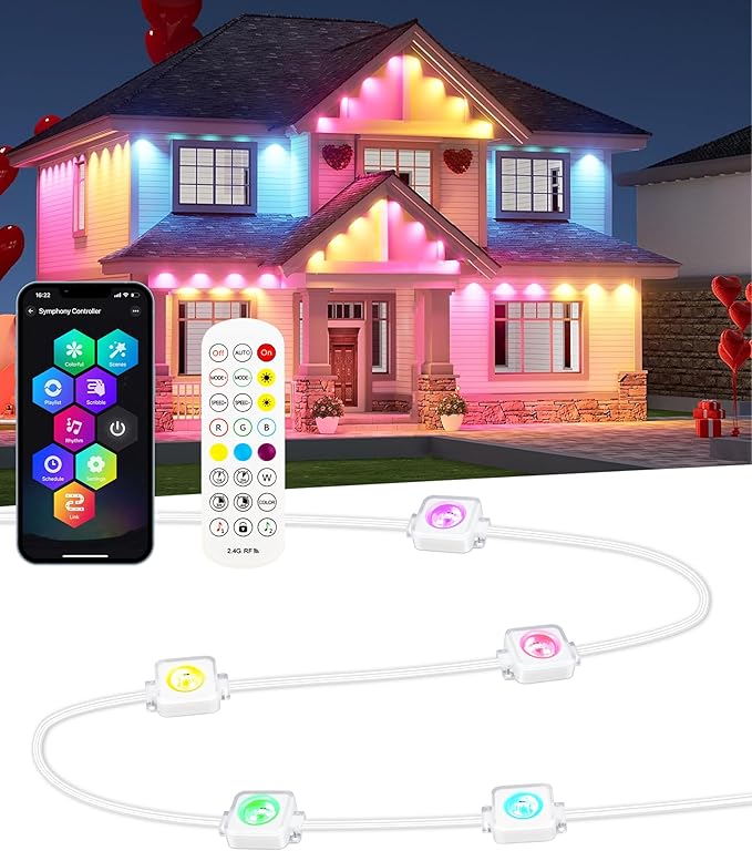 Smart Permanent Outdoor Lights, 100ft with 60 RGBW+IC LED String Lights, IP67 Waterproof Eaves Light with 108 Scene Modes for Halloween Christmas Birthday Holiday Party, APP/Remote Control