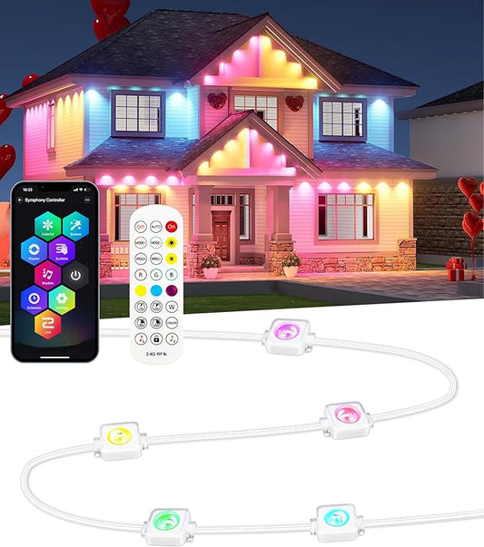 Smart Permanent Outdoor Lights, 100ft with 60 RGBW+IC LED String Lights, IP67 Waterproof Eaves Light with 108 Scene Modes for Halloween Christmas Birthday Holiday Party, APP/Remote Control