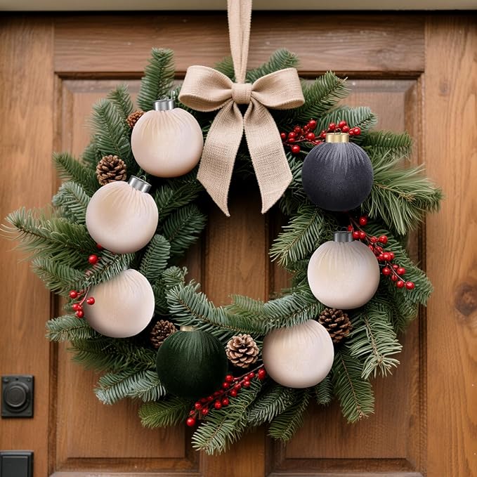 9 Pcs Christmas Tree Ornaments Set, 80mm/3.15in Large Velvet Christmas Balls for Xmas Tree Decorations Shatterproof Hanging Flocked Balls Ornaments Beige