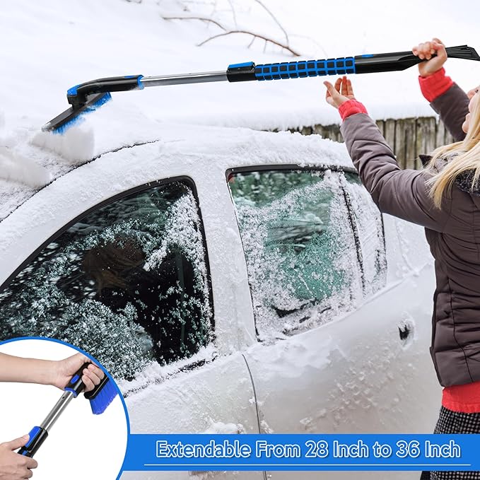 COFIT 36" Car Snow Brush Long Handle, 2 in 1 Extendable Ice Scraper for Windshield, Detachable Snow Removal Tool, Comfortable Clean Brush Scratch Free for RV, Truck, SUV, Windows, Roof, Exterior, Blue