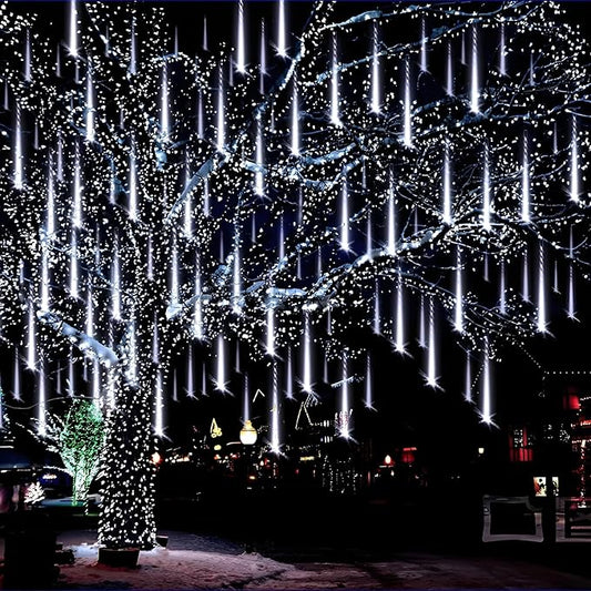 Aukora Christmas String Lights Outdoor, LED Meteor Shower Light 11.8 inch 8 Tubes 192leds, Icicle Snow Falling Lights for Xmas Tree Wedding Party Holiday Garden Thanksgiving Decoration (White)