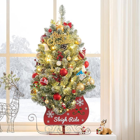 3 Ft Pre-Lit Christmas Tree, Frosted Artificial Christmas Tree with 78 Led Lights,8-Mode Battery Box,Timer Battery,Red Berry,Christmas Decoration for Home, Office,Fireside,Easy Installation