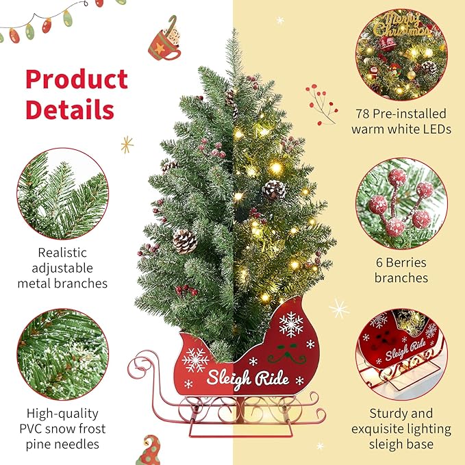 3FT Small Christmas Tree, Artificial Christmas Tree with 78 LED Lights & Bobsleigh Base, Prelit Mini Tree for Christmas Decor, Tabletop Christmas Tree, 8 Modes Remote Control, Timer Battery Operated