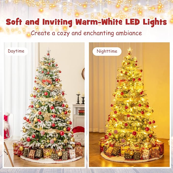 Goplus 6 FT Pre-Lit Artificial Christmas Tree, Snow Flocked Hinged Xmas Tree with 280 Warm-White LED Lights, 765 Tips, 62 Pine Cones, Lighted Xmas Tree for Office Home Decoration