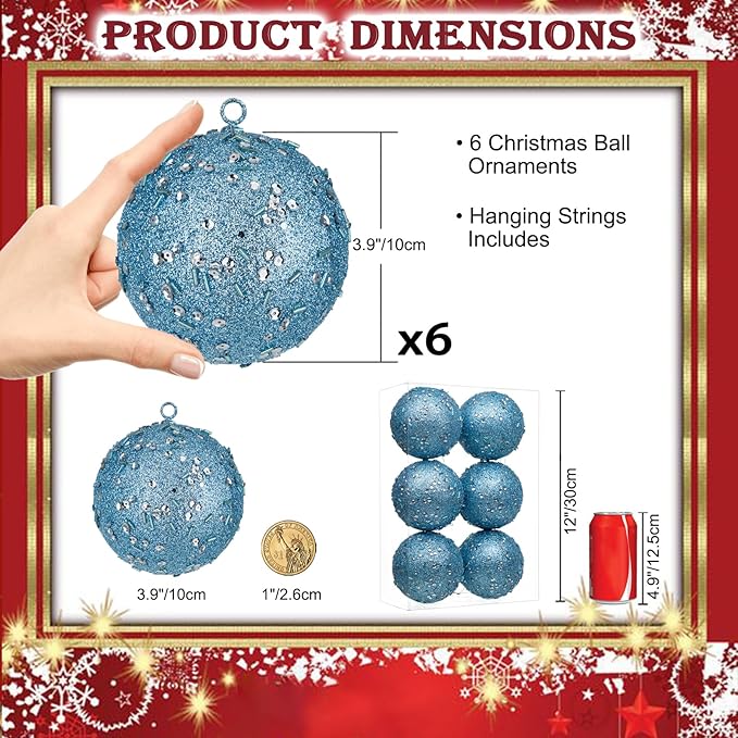 4" Large Christmas Balls Ornaments 6 Pcs Shatterproof Big Grey Blue Christmas Ornaments for Xmas Tree Bulk Glitter Big Xmas Tree Ornament for Trees Halloween Holiday Wedding Party Decoration