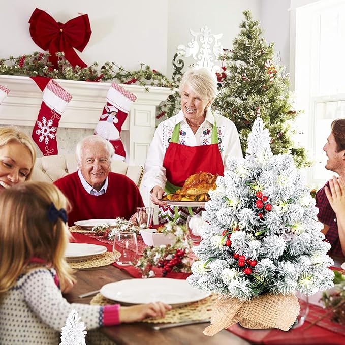 20 Inch Flocked Mini Christmas Tree with Lights, Berries and Cloth Bag Base, Pre-lit Artificial Tree for Tabletop Home Kitchen Livingroom Decoration, White+Green