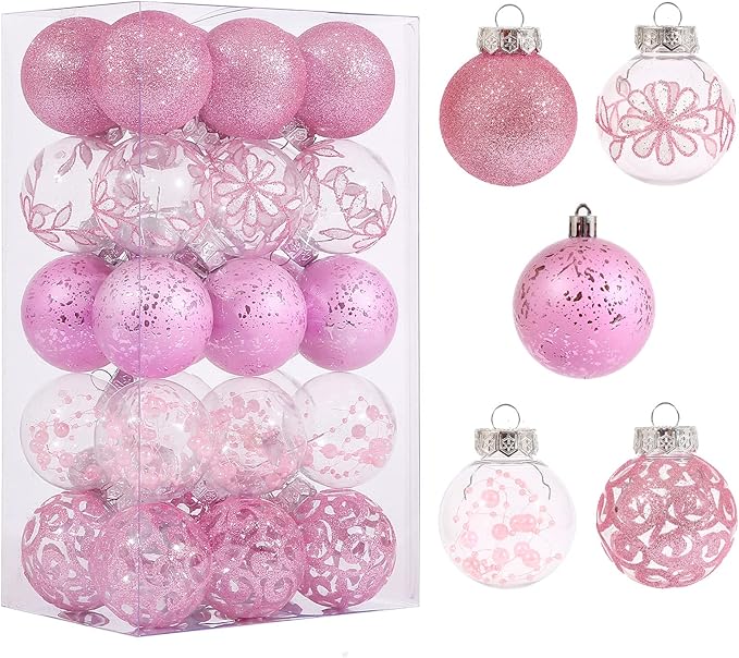 Clear Christmas Ornaments Set, 30ct 2.36inch Pink Clear Xmas Baubles for Christmas Tree Ornaments and Decorations Shatterproof Christmas Hanging Balls with Stuffed Decoration for Xmas Wedding Party