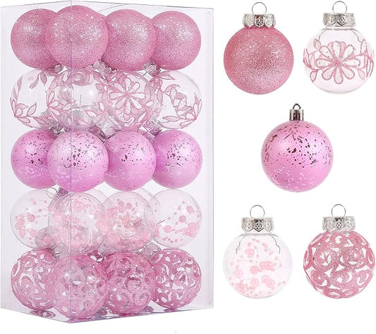 Clear Christmas Ornaments Set, 30ct 2.36inch Pink Clear Xmas Baubles for Christmas Tree Ornaments and Decorations Shatterproof Christmas Hanging Balls with Stuffed Decoration for Xmas Wedding Party