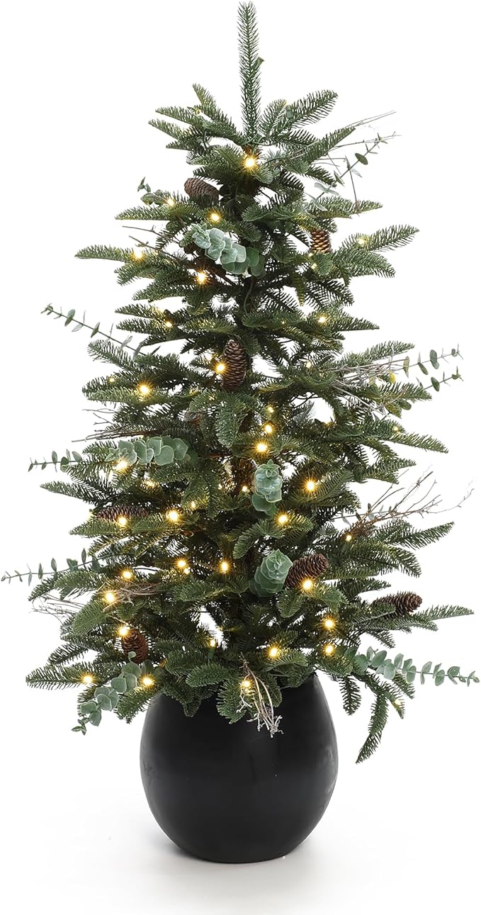 LuxenHome 4FT Small Christmas Tree, Slim Potted Christmas Trees with 100 Warm White LED Lights, Artificial Pine Tree with Pine Cone and Black Round Base, Faux Tree for Holiday Decorations