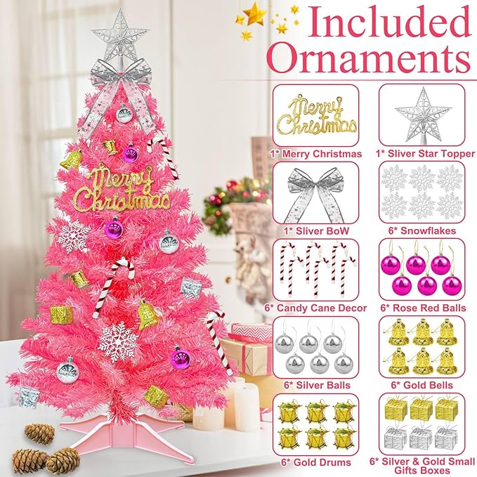 3 Ft Pink Valentine's Day Tree with Dual Color Change Lights Timer Remote, 3D Star&44Ornaments, 8 Modes 50 Warm&Colorful Change Lights Battery Operated, Small Mini Tree Table Indoor Holiday Home Decor