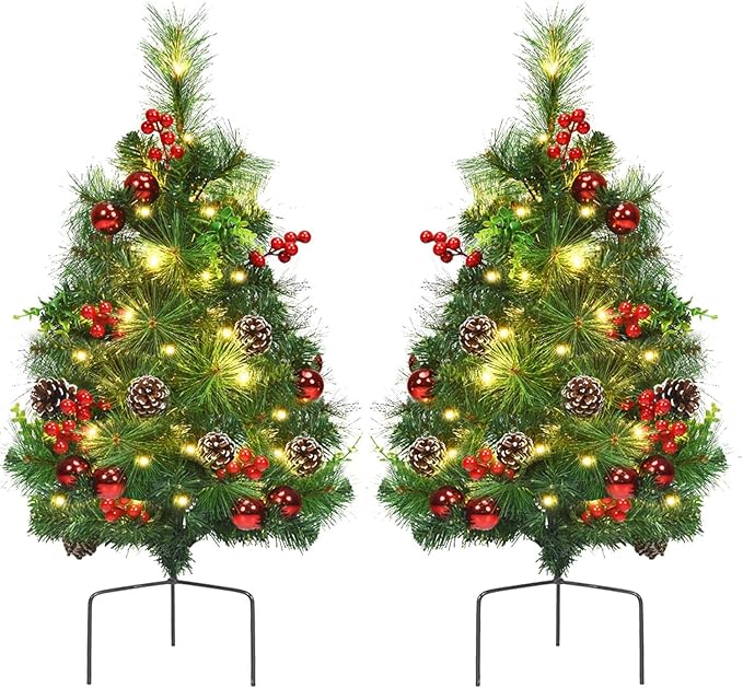 Happygrill Set of 2 29 inch Outdoor Pathway Christmas Trees, Pre-Lit Christmas Trees with 30 LED Lights, 8 Light Modes, Porch Christmas Trees for Holiday Decoration