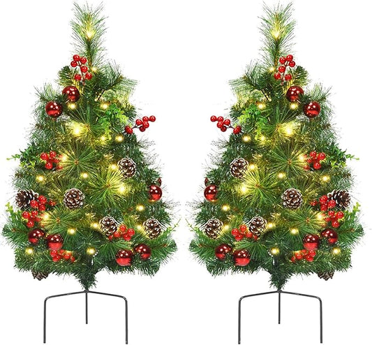 Happygrill Set of 2 29 inch Outdoor Pathway Christmas Trees, Pre-Lit Christmas Trees with 30 LED Lights, 8 Light Modes, Porch Christmas Trees for Holiday Decoration