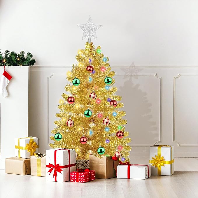 3 Ft Gold Tinsel Christmas Tree Dual Color Change 12 Modes Timer DIY 50 Warm White & Multicolor Lights Star 15 Ball Ornaments Small Artificial Full Xmas Tree Battery Operated Table Home Indoor