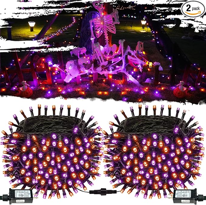 Connectable Purple and Orange Halloween Lights, 2Pack 164ft 400LED 13 Modes Waterproof String Lights Plug in, Twinkle Light with Timer Indoor/Outdoor for Tree Party Halloween Decorations