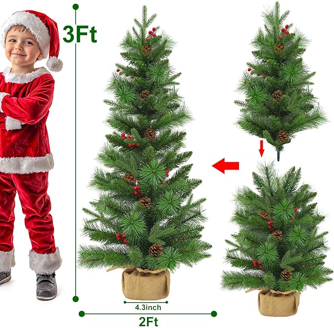 Dual Color Change&Remote Control 3Ft Realistic-Feel PE Artificial Christmas Tree with Lights,50 Warm White&Colors Lights,12 Mode Timer,Red berry Pine Small Mini Norfolk Tree Burlap Base Tabletop Decor