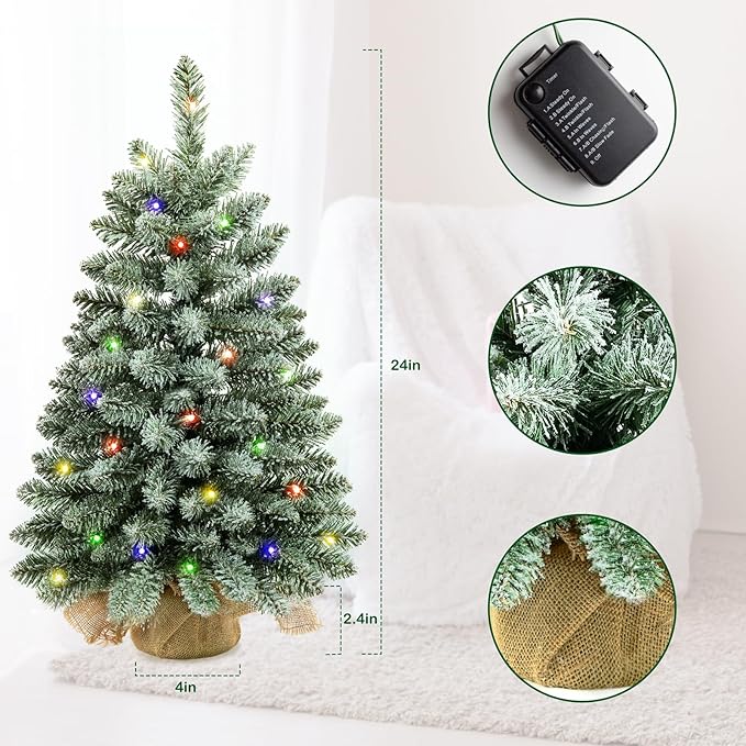 2 ft Mini Christmas Trees with 25 F5 LED Lights, 24" Decorated Burlap Artificial Tabletop Christmas Trees Home Party Decoration for Kitchen Dining Room Window