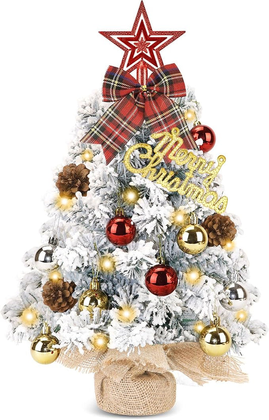 Mini Christmas Tree Tabletop Set with LED Lights, 2FT Artificial Small Xmas Tree Prelit with Star Treetop and Hanging Ornaments for Home Cafe Office, Snow Flocked, White