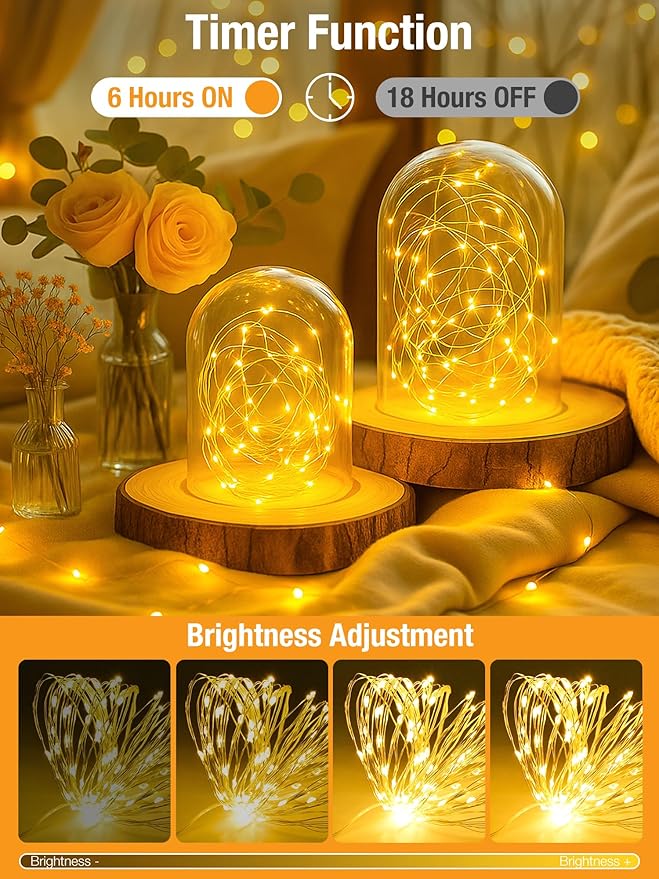 btfarm 2 Pack Fairy Lights Battery Operated with Timer, 16.4 FT 50 LED Silver Wire Twinkle String Lights 8 Modes Dimmable Waterproof for Indoor Christmas Bedroom Wedding Decorations, Warm White