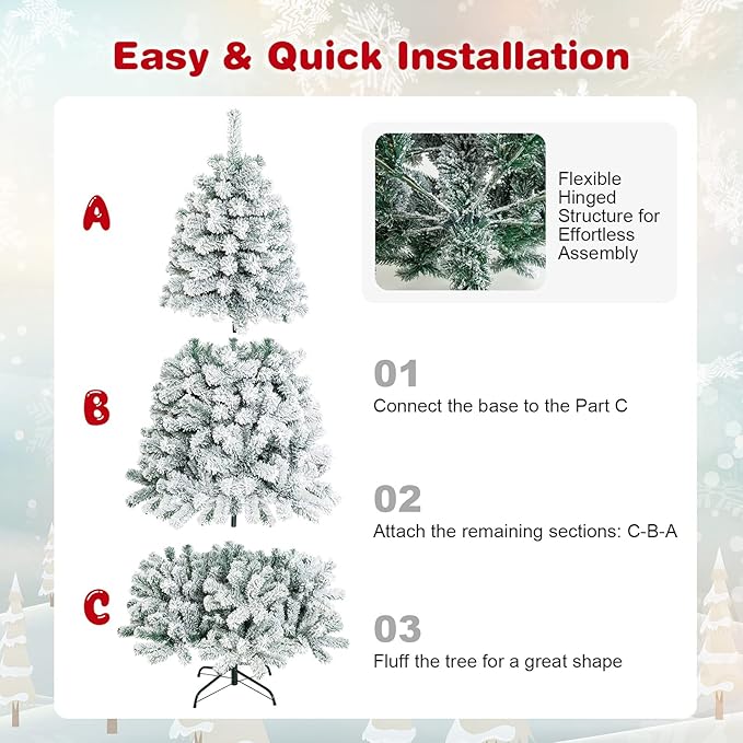 HAPPYGRILL 6 Feet Flocked Christmas Tree Artificial Xmas Tree with 600 PVC Branch Tips, Hinged Xmas Tree Life-Like Seasonal Holiday Tree for Home Office