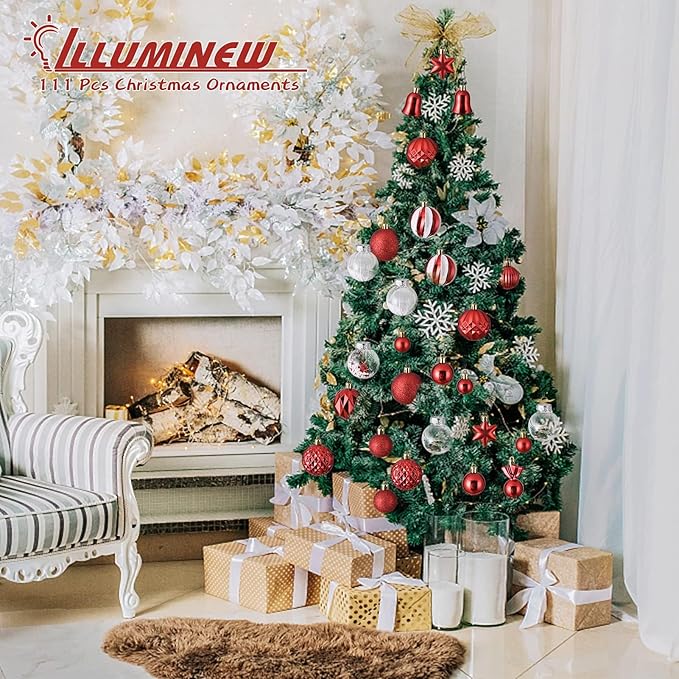 ILLUMINEW 111-Pack Christmas Balls Ornaments,Assorted Shatterproof Christmas Ornaments Set, Xmas Seasonal Luxurious Hanging Pendants Gift Package for Tree Party Holiday Indoor Decor(Red)