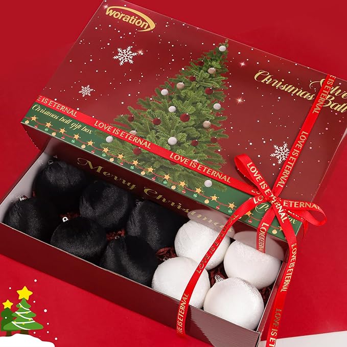 Woration 15pcs 2.36inch Velvet Christmas Ornaments Balls Set Xmas Tree Hanging Decoration Shatterproof Balls for Home Party Holiday (White, Black)