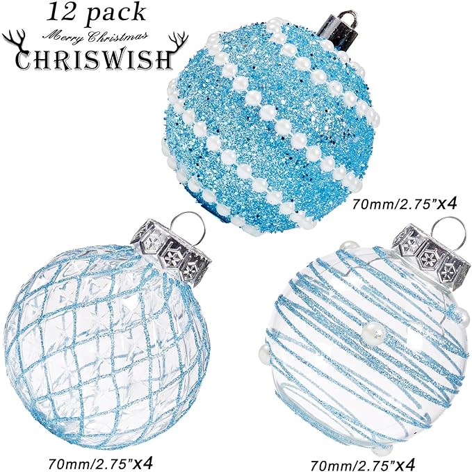 12CT Christmas Ball Ornaments Baby Blue Shatterproof Clear Large Plastic Christmas Tree Decoration, Delicate Hanging Ornaments for Xmas Party, Wedding, Holiday and Home Décor(70mm/2.76")