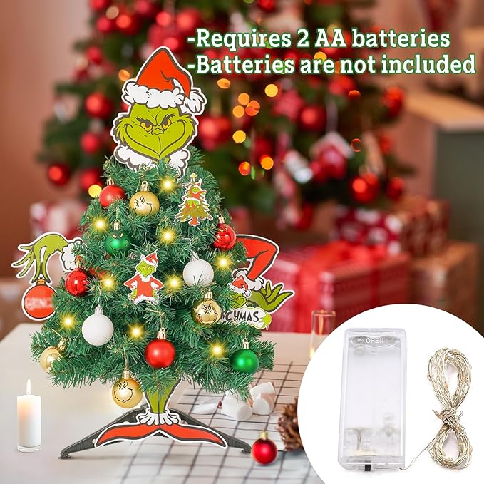 Mini Christmas Tree with Head Arms Legs Tabletop Small Christmas Tree with Lights Thief Body Decorative Ornaments for Home Party Decor