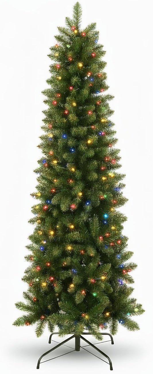 Himimi Pre-lit Christmas Artificial Tree Slim Pencil Tree Space Saving, 6ft Skinny Christmas Trees with Multi Colored Lights, Foldable Metal Stand