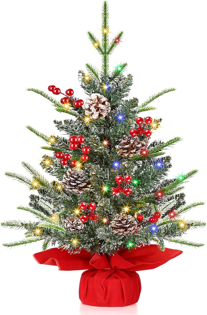 [ Timer & 8 Modes] 24 Inch Realistic Snowy Tabletop Christmas Tree PE&PVC Branches Mini Christmas Tree with 50 Warm White & Muliti Lights Red Berries Pine Cone Indoor Home Christmas Decorations
