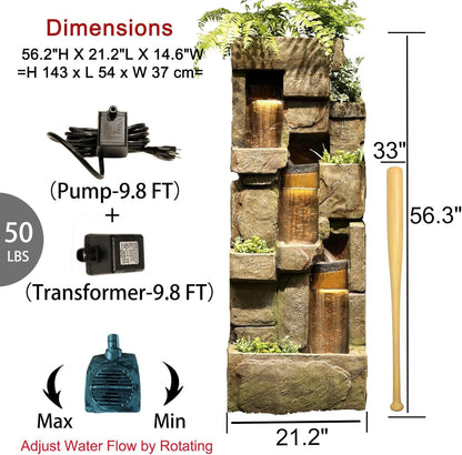 Garden Outdoor Water Fountain, 56.3" H 3-Tiered Imitation Rock Waterfall Fountain with LED Lights and Pumps for Garden, Patio, Backyard, Deck, Porch and Home Art Decor