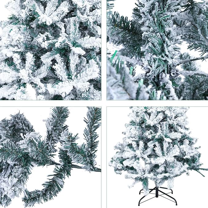 6Ft Snow Christmas Tree, Flocked Christmas Tree, White and Green Christmas Tree with 700 Tips, Solid Metal Legs for Indoor Outdoor 1.8m
