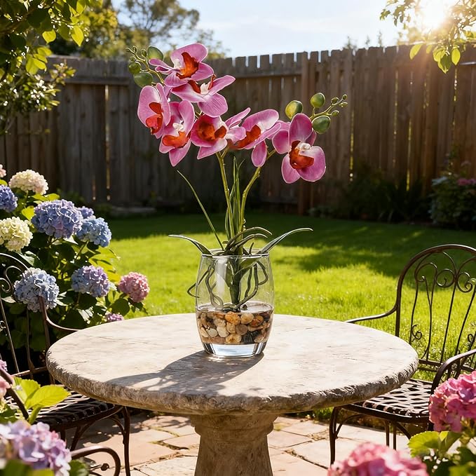 Jusdreen Artificial Purple Orchid in Glass Vase, Realistic Phalaenopsis Arrangement with Potting for Home Office Table Decor, 14.5 Inch Flower Centerpiece