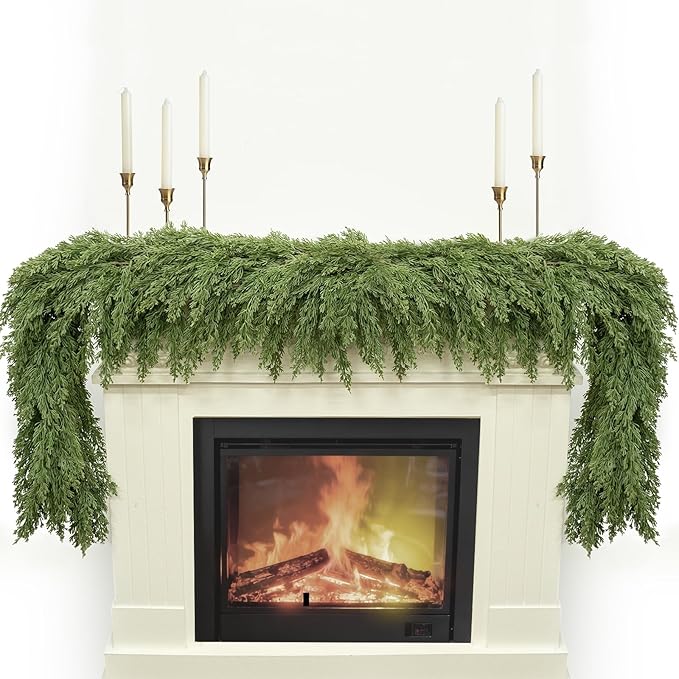 6FT Christmas Garland, Real Touch Cypress Pine Garlands, Green Artificial Cedar Garland Christmas Decorations for Home, Dining Table Mantel Porch Wall Stairs Winter Xmas Decor