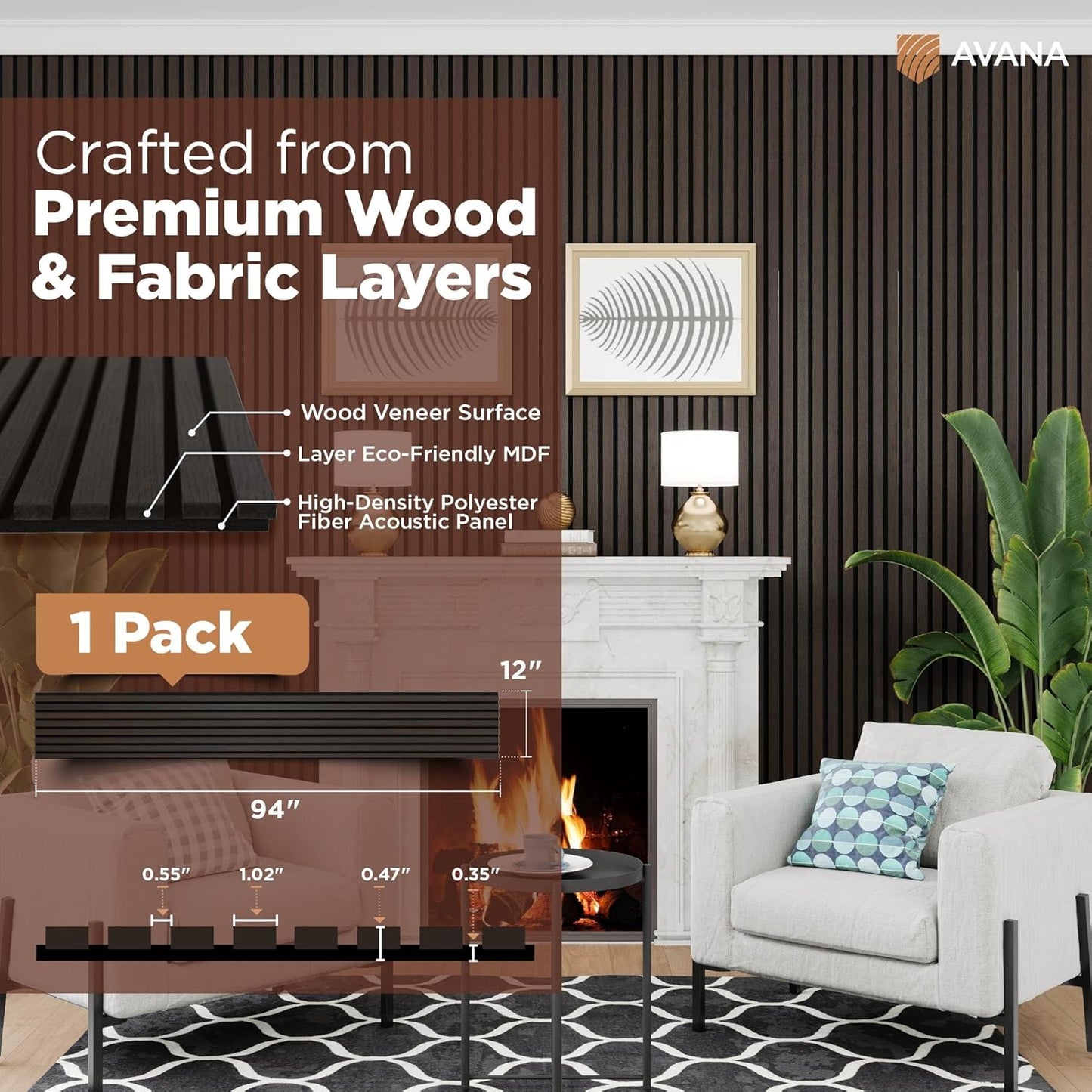 Avana Modern Acoustic Wood Wall Panels – 94.4 x 12.6 Inch Smoke Oak Acoustic Panels 1 PC – Wall Panels For Interior Wall Decor For Homes, Offices, Studios – Sturdy & Durable Wood Panels For Wall