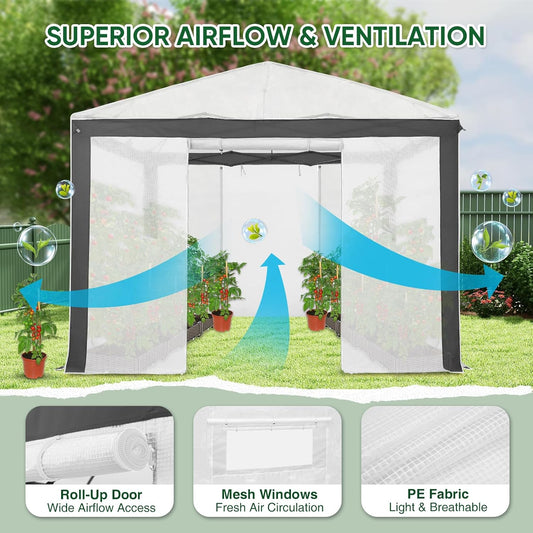 EAGLE PEAK 10x10 Portable Walk in Greenhouse with Polyester Reinforced Corners, Instant Pop up Indoor Outdoor Gardening Green House, Roll Up Zipper Entry Doors and Mesh Windows, Gray/White