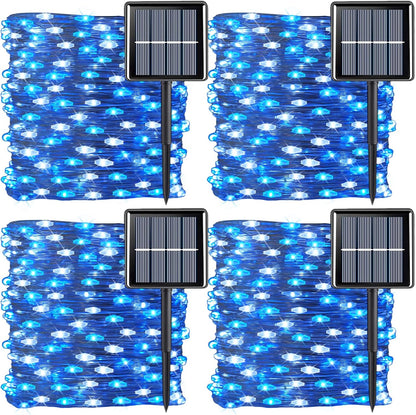 QITONG 4 Pack Blue and White Solar Fairy Lights, Each 33ft 100 LED Christmas String Light, 8 Modes Silver Wire Mini Twinkle Lighting for Tree Garden Yard Christmas