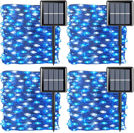 QITONG 4 Pack Blue and White Solar Fairy Lights, Each 33ft 100 LED Christmas String Light, 8 Modes Silver Wire Mini Twinkle Lighting for Tree Garden Yard Christmas