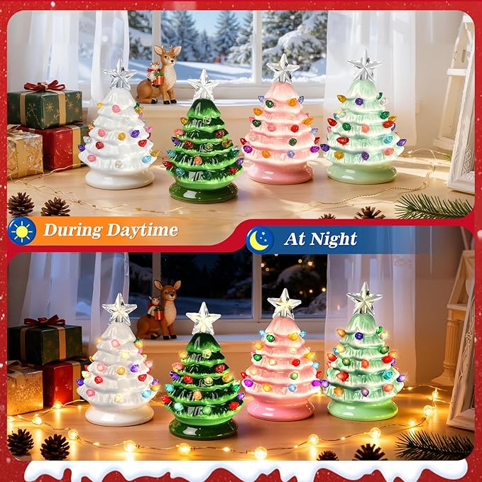 5" Mini Ceramic Christmas Trees Set of 4 with Light, Small Tabletop Vintage Lighted Battery Operated Ceramic Christmas Tree for Home Office Table Holiday Decorations